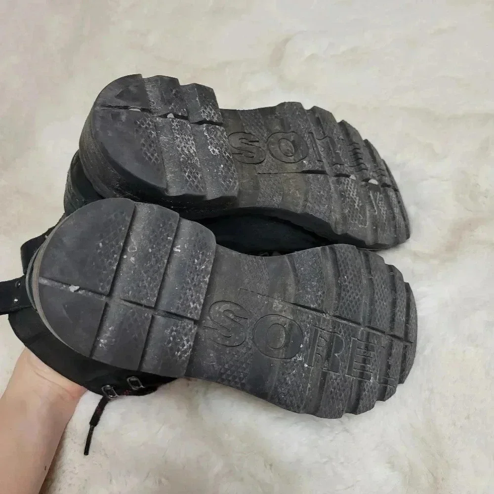 Sorel Lennox Black Leather Moto Combat Lace Up Lug Sole Boots Sherpa Size 8